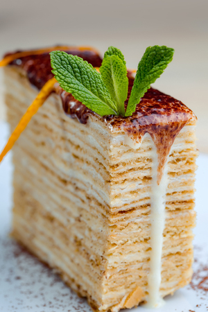 Sweet food, calorie. Dessert - Cake with chocolate Icing and Fresh Mint.の写真素材