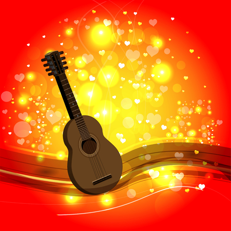 Bright color vector graphic illustration of Valentine day holiday with love symbol of beautiful heart shape sparks and guitar on orange backgroundのイラスト素材