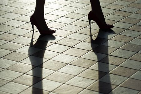 Stylish silhouette of beautiful woman legs in shoesの写真素材