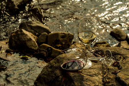 Wine glass with white wine standing on stone at seashore in sunset. Vintage lookの写真素材