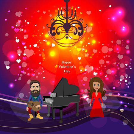 Bright color vector graphic illustration of Valentine day holiday with love symbol of beautiful heart shape and couple near piano on banch on blue backgroundのイラスト素材