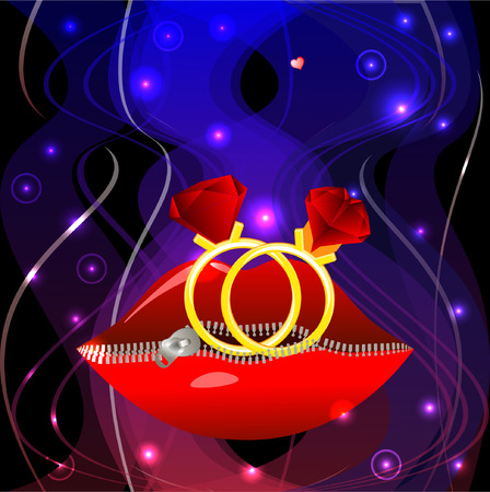 Bright color vector graphic illustration of Valentine day holiday with love symbol of beautiful lips shape sparks on zipper and rings on colorful backgroundのイラスト素材