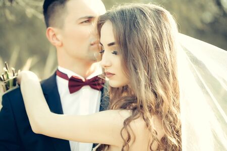 Young newlywed couple of woman in wedding dress and man embracing in field in sunlight outdoorの写真素材