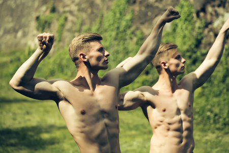 Muscular young twins bodybuilders with beautiful body and bare torso posing outdoor sunny day on natural backgroundの写真素材