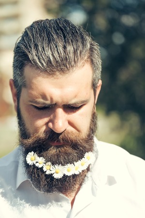 Handsome hipster man brunette with daisy flowers in beard in black shirt with elegant mustache and stylish hair sunny day outdoorの写真素材