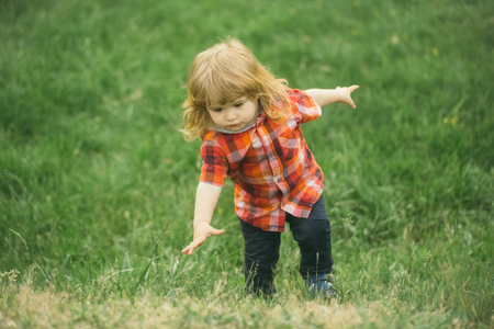 Carefree little baby boy with blonde hair in park with green fresh grass in spring in red checkered shirt sunny dayの写真素材