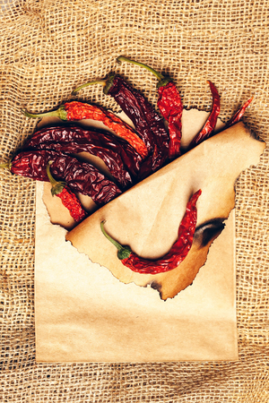 brown scorched paper envelope with dried red wrinkled chilli pepper inside on burlap background, copy spaceの写真素材