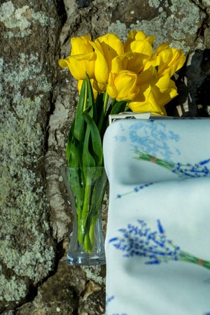 Bouquet of yellow tulips in glass vase lies on side on embroidered tablecloth on sunny day on rock backgroundの写真素材
