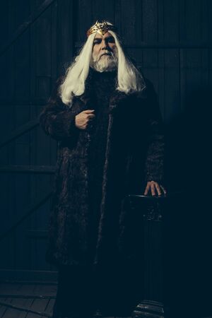 old druid bearded man with long beard on serious face and hair in fur coat and crown with gem stones jewellery on wooden background near columnの写真素材