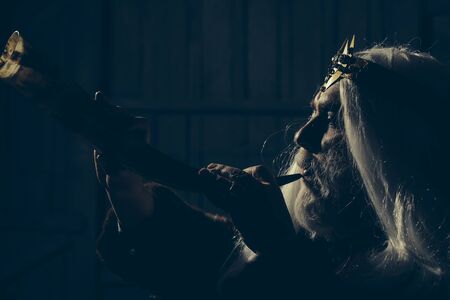 old druid bearded man with long beard on serious face and hair in fur coat and crown with gem stones jewellery on wooden background holding animal antler or hornの写真素材