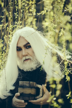 Druid old man with long grey hair and beard on serious face with wooden mug in hands in yellow flower bloom sunny day outdoor on natural backgroundの写真素材