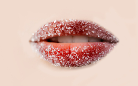 Close up of red lips covered in shugarの写真素材