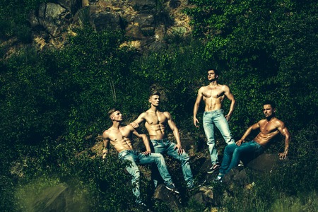 four handsome young macho men with muscular sexy body and six packs on torso in jeans sunny day outdoor on green natural backgroundの写真素材