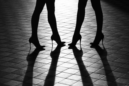 Female legs in fashionable shoes on high heels silhouette, black and whiteの写真素材