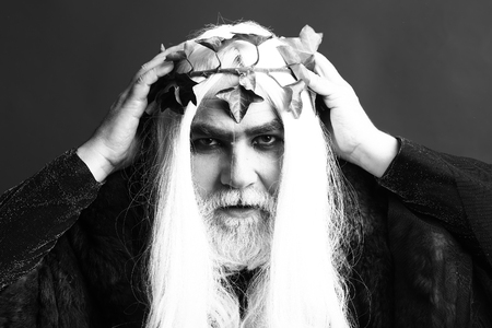 Zeus god or jupiter with vine crown in studio, black and whiteの写真素材