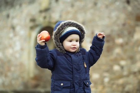 small boy child with cute face and raised hands in blue autumn coat or jacket with hood holding red apple on blurred stony backgroundの写真素材