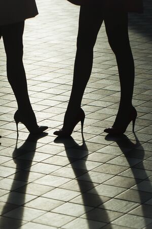 Stylish silhouette of beautiful woman legs in shoesの写真素材