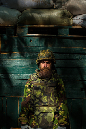 Handsome bearded man in camouflage. Portrait of bearded soldier in front of the green wooden backgroundの写真素材