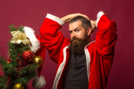 Handsome man hipster male with long beard and moustache in santa coat decorates Christmas tree with red hatの写真素材