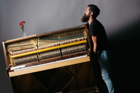 handsome bearded strong man with stylish hair mustache and beard trying to move old wooden or wood open piano with keyboard and glass vase with red rose flowers on grey background, copy spaceの写真素材