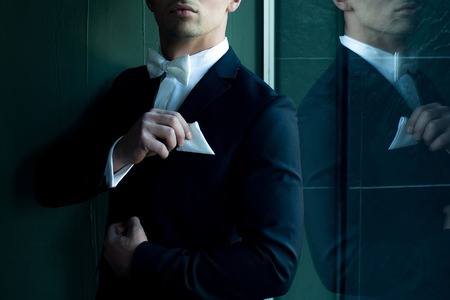 Man part of face in suit with white bow tie touches handkerchief young elegant stylish turns sideway...
