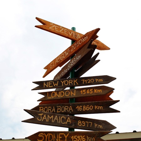 Direction sign post with wooden arrows with names of cities or travel destinations and distance to landmarks on white sky backgroundの写真素材