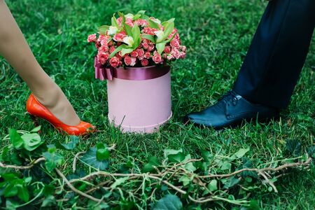 Beautiful flowers blossoming roses in gift box with pink ribbon bow with female and male legs outdoors on green grass on natural backgroundの写真素材