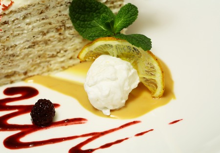 Whipped cream with yellow lemon, green mint, blue berry, dessert, sweet sauce on plate on white background. Modern molecular gastronomyの写真素材