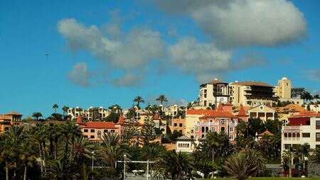 Idyllic resort town or city buildings with terracotta roofs among green tropic palm trees on sunny summer day on blue sky backgroundの写真素材