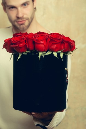 Bearded macho man, brutal caucasian hipster with moustache in sweater and cap holds red rose flowers in box as valentines day present ontextured wall.の写真素材