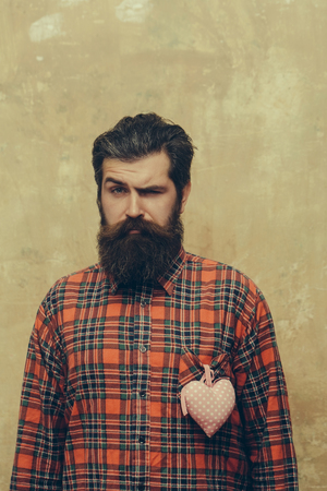 Frown bearded man, caucasian hipster, with long beard and moustache with rosy textile heart, love gift for valentines day, on plaid shirt stands on beige grunge wall backgroundの写真素材