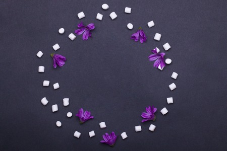 violet spring flowers and tasty marshmallow, zephyr on grey background, copy spaceの写真素材
