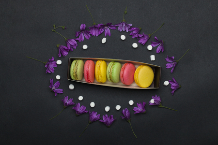 colorful macaron, tasty cookies, biscuits or meringue pastry pink, green, yellow color in box with violet spring flowers and marshmallow, zephyr on grey background, copy spaceの写真素材