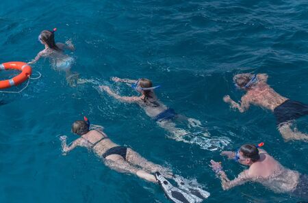 Group of people, adults and children, with diving masks and snorkels swimming underwater in transparent sea or ocean water on sunny day on blue background. Idyllic summer vacation. Sport, hobbyの写真素材