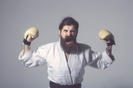 bearded karate man, long beard, brutal caucasian hipster with moustache in white kimono with black belt and boxing gloves with shouting happy face on grey background, unshaven guyの写真素材