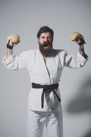 bearded karate man, long beard, brutal caucasian hipster with moustache in white kimono with black belt and boxing gloves with shouting happy face on grey background, unshaven guyの写真素材