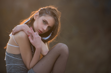 fashion style, beautiful girl portrait of tribal indian woman with ethnic makeup on young face, dancing with fashionable hair on sexy unusual pocahontas photography, fantastic femaleの写真素材