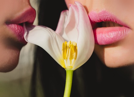 lesbian. lips or woman and girl with pink lipstick on kissing mouth and tulip flower, love and relations, lesbian and homosexual, beauty and fashion, kiss lips of woman and girlの写真素材