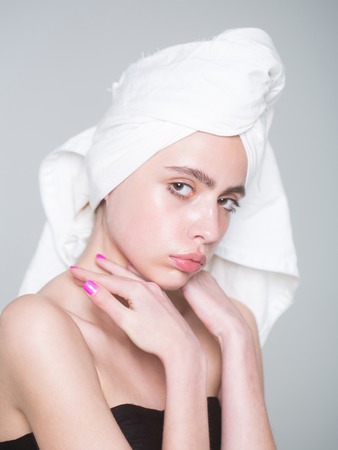 fashion woman, health and youth, girl with towel on headの写真素材