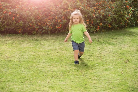 Boy small kid with serious cute face blond long hair in shirt and gray short walking along meadow with green grass and bushes in sunny summer dayの写真素材
