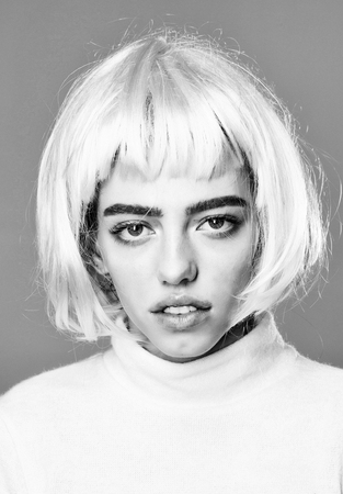 woman or girl with hair wig, black and whiteの写真素材