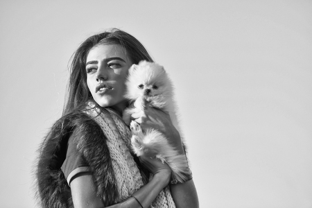 woman in fur vest keeps dog pet in hands outdoors on blue sky, black and whiteの写真素材