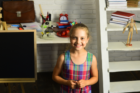 Girl with happy face expression in front of desk with school supplies, bookshelf and blackboard. Kid gets ready for school. Back to school concept. Schoolgirl in plaid dress on white brick backgroundの写真素材