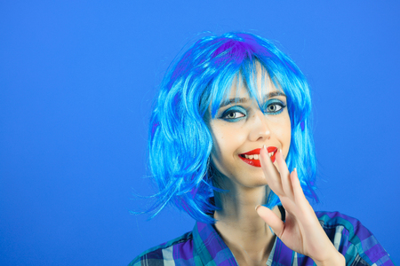 Girl smiling with bright artificial hair. Beauty and fashion. Hairdresser salon and barbershop....