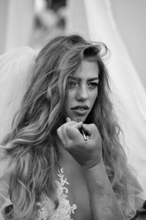 lady with long hair in wedding dress and bride veil making makeup with male hand, black and whiteの写真素材