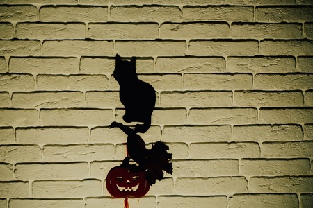 Halloween totem symbols. Holiday celebration concept. Black cat and orange pumpkin with tree leaves silhouettes paper cutouts on beige brick wall. Mystery and superstition, copy spaceの写真素材
