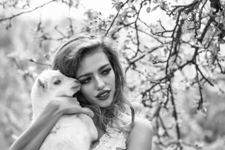 Young smiling woman with beautiful face and long curly hair in glamour dress holding cute white small goat in lush blooming gardenの写真素材