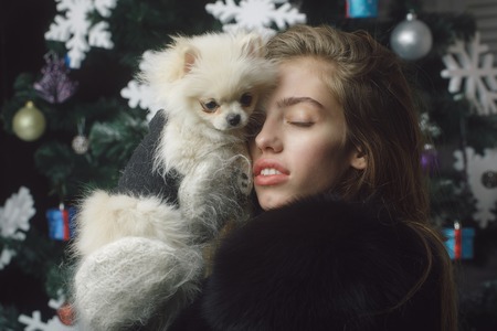 Christmas woman with pretty face and pet. New year of dog, girl hold puppy. santa claus girl with pet at tree. Dog year winter holiday and xmas. Party celebration and christmas.の写真素材