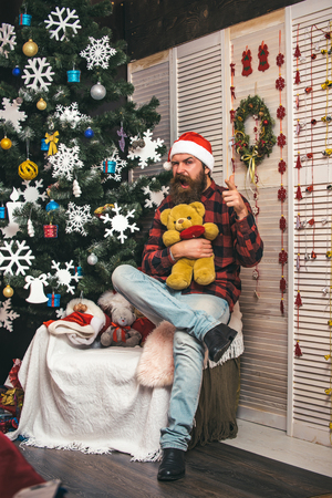 New year guy in hat sit at Christmas tree.の写真素材