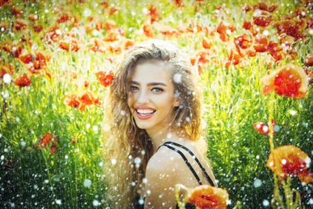 new year christmas snow concept pretty woman or happy smiling girl with long curly hair hold flower in field of red poppy seed with green stem on natural background, summer, spring, drug and loveの写真素材